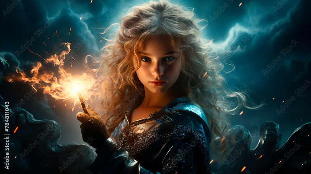 Portrait of an enchanting girl wizard. Magic with a magic wand. The great little sorceress princess kid commands fire. Fantasy concept. Fiction magic tricks. Fantastic world. Portrait of an enchanting girl wizard. Magic with a magic wand. The great little sorceress princess kid commands fire. Fantasy concept. Fiction magic tricks. Fantastic world.