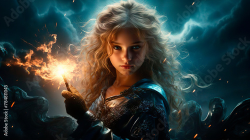 Portrait of an enchanting girl wizard. Magic with a magic wand. The great little sorceress princess kid commands fire. Fantasy concept. Fiction magic tricks. Fantastic world. photo