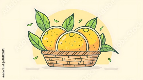 Cartoon of Lemon fruit and leaves in the basket. It’s very yummy. Simple cute hand draw line vector and minimal icons flat style Character illustration.