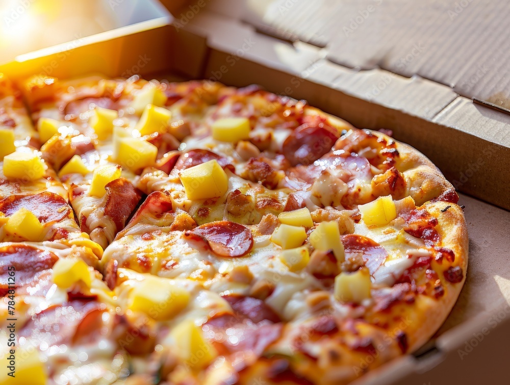 Hawaiian Ham Pineapple Mozzarella Cheese Pizza Slice Whole Box Background Image Hawaiian Ham Pineapple Mozzarella Cheese Pizza Slice Whole Box Background Image