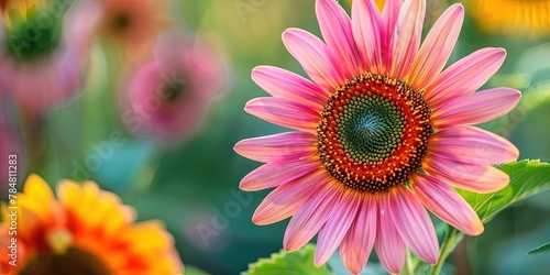 photo closeup of pink sunflower  orange center