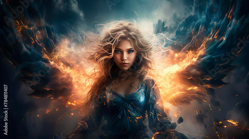 Beautiful furious wizard. Magic is in the air. Young woman girl sorceress princess commands fire. Fantasy Halloween concept. Fiction magic tricks. Fantastic world.