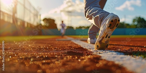 photo of a first baseman touching base waiting for baseball, runner running toward base  photo