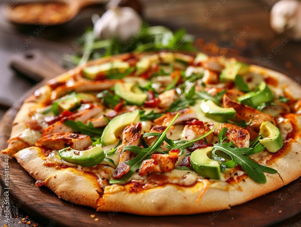 Pizza California Club Avocado Chicken Arugula Mozzarella Cheese Slice Whole Box Background Image