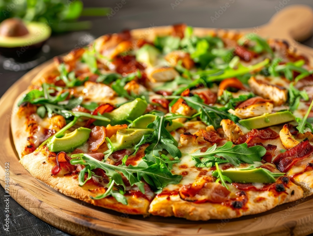 Pizza California Club Avocado Chicken Arugula Mozzarella Cheese Slice Whole Box Background Image Pizza California Club Avocado Chicken Arugula Mozzarella Cheese Slice Whole Box Background Image