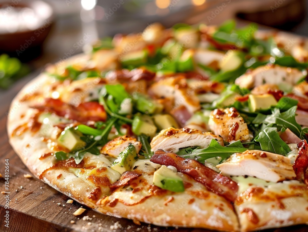 Pizza California Club Avocado Chicken Arugula Mozzarella Cheese Slice Whole Box Background Image Pizza California Club Avocado Chicken Arugula Mozzarella Cheese Slice Whole Box Background Image