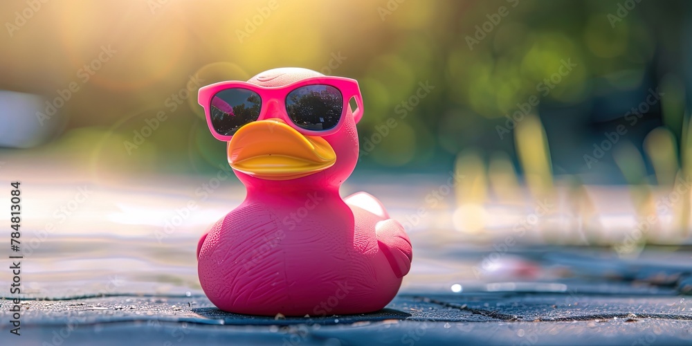 Obraz premium Pink rubber ducky with sunglasses outdoors lifestyle image