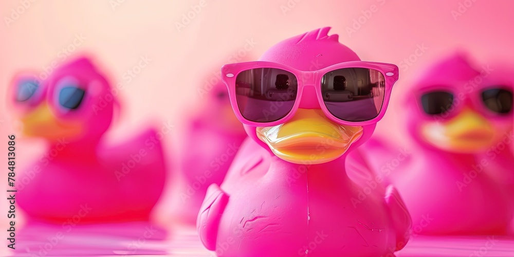 Poster Print Pink rubber ducky with sunglasses blurred rubber duckys in the background 40x20 cm