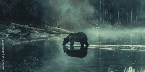 A brown grizzly bear hunting for salmon in the river waters