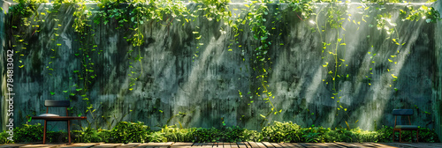 Lush Green Ivy Wall with Wooden Textures, Beautiful Outdoor Garden Design photo