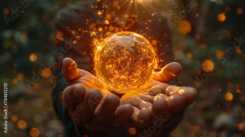 A closeup of a persons hands palm facing up with a glowing orb of energy hovering above it. The energy is pulsing and vibrant representing the invisible power of the bodys