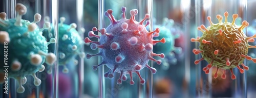 Microscopic view of floating influenza virus cells  photo