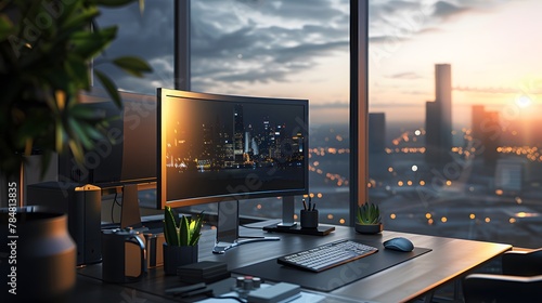 Modern workplace with computer monitors, keyboard and mouse on the background of a panoramic window overlooking the city. 