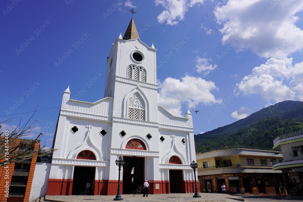 Valparaiso, Antioquia, Colombia; March 28, 2024: Front view of the parish of Saint Ana (Santa Ana) in Valparaiso town.
