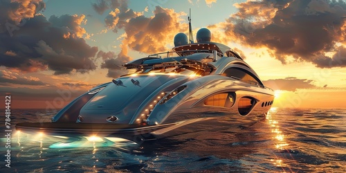 photo of luxury yacht on the ocean at sunset photo