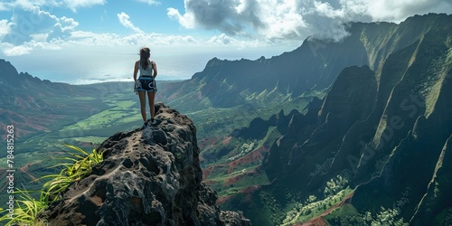 photo of woman standing at the top of a mountain after a long hike photo