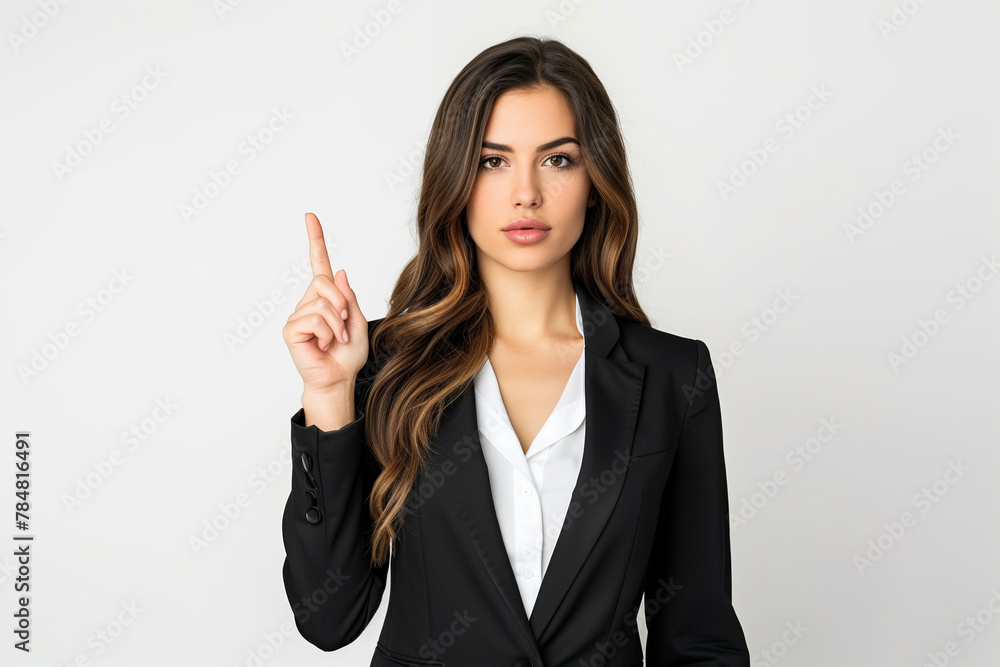 Portrait of a beautiful young woman in a business suit and white shirt who raised her index finger on a white background Portrait of a beautiful young woman in a business suit and white shirt who raised her index finger on a white background