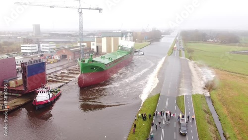 Netherlands, Westerbroek, launching of general cargo ship at Ferus Smit shipyard