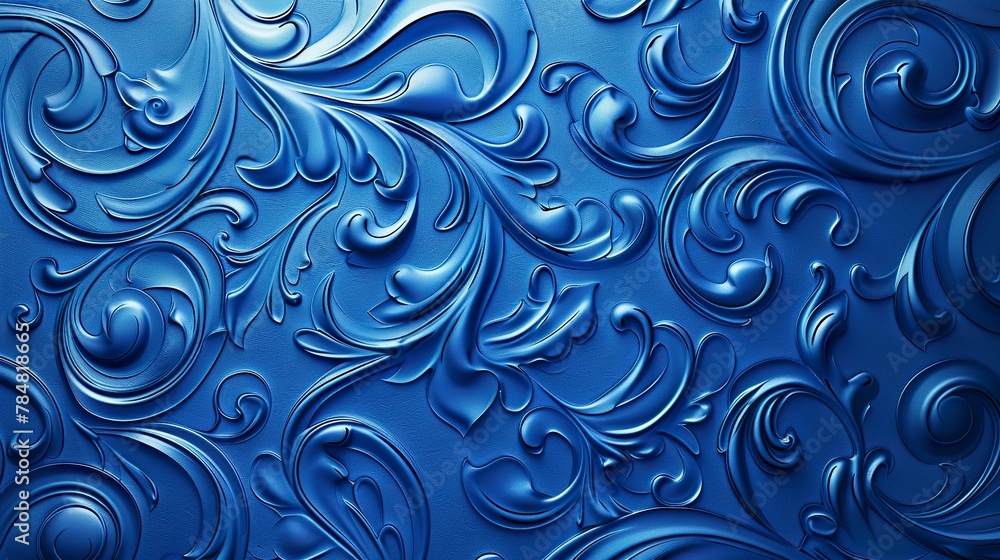 A blue embossed background of flowers and leaves displays an intricate, tactile texture of depth and visual interest. Flowers and leaves carved in relief on the background.