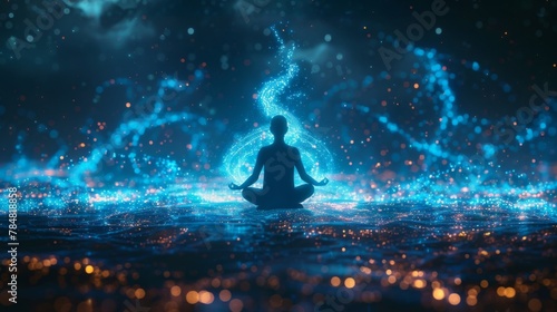 A person sitting crosslegged and grounded on the earth their spine aligned and a glowing energy rising up and connecting them to the universe symbolizing the connection between