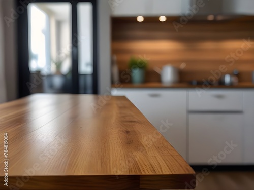 Minimalistic Wooden Tabletop in Contemporary Modern Kitchen Interior with Stylish Blur Background 