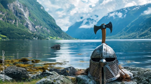 A Viking helmet rests beside an axe on the shore of a fjord in Norway, embodying the spirit of tourism and traveling, and evoking the rich history and culture of the region. 
