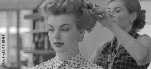 In a sleek and modern salon space a dedicated retro hair stylist puts the finishing touches on her clients beehive updo. She wears a vintageinspired blouse and highwaisted trousers .
