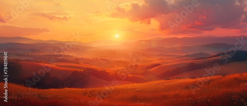 Render a mesmerizing sunset over rolling hills in a dreamy, ethereal digital painting, showcasing the warm glow and depth of the landscape