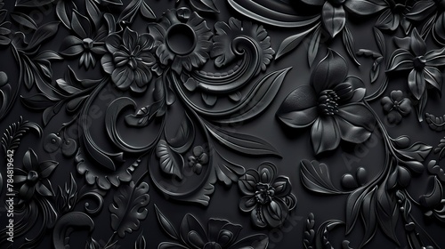 A black embossed background of flowers and leaves displays an intricate  tactile texture of depth and visual interest. Flowers and leaves carved in relief on the background.