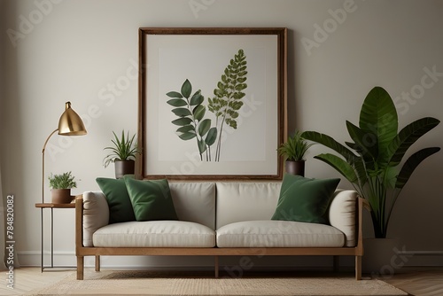 "Spring Home Decor: Warm and Cozy Living Room Setup with Mock-up Poster Frame, Wooden Sideboard, White Sofa, Green Stand, and Stylish Lamp"