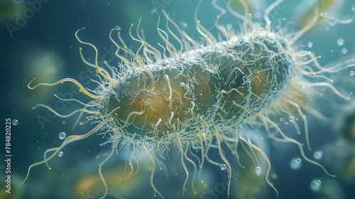 A detailed image of a single protist with its unique flagella and cilia protruding from its cell membrane.
