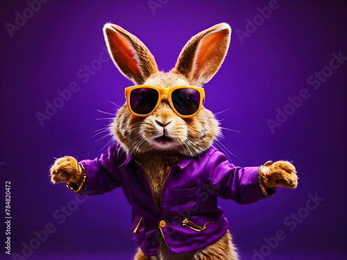  funny rabbit dancing with sunglasses with purple background generative AI