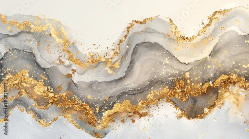 Metallic watercolor accents, shimmering golds and silvers, luxurious card or flyer design © HADAPI