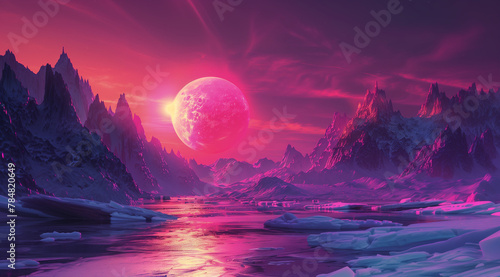 Extraterrestrial planet sunrise over the mountains