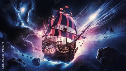 Fantastical Pirate Ship Sailing Cosmic Seas