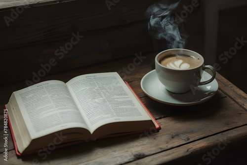Cozy ambiance with a book and a steaming cup of coffee