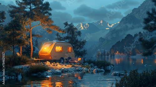 Merge nature and finance in a unique way  Create a stunning 3D rendering of a front-facing camping scenario  infused with bold pop art aesthetics Infuse subtle hints of current financial trends to add