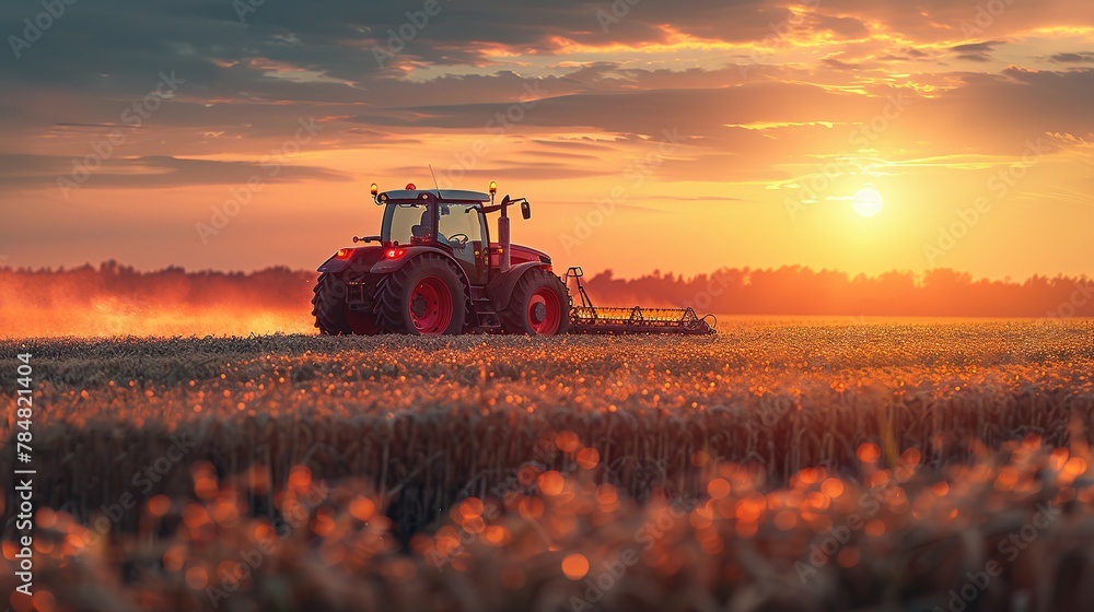 Fototapeta premium irrigation tractor driving spraying or harvesting an agricultural crop at sunset with information infographic data datum as banner design for agriculture industry and food supply production concepts