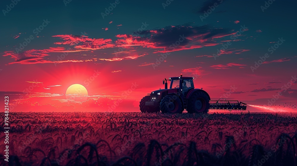 Fototapeta premium irrigation tractor driving spraying or harvesting an agricultural crop at sunset with information infographic data datum as banner design for agriculture industry and food supply production concepts