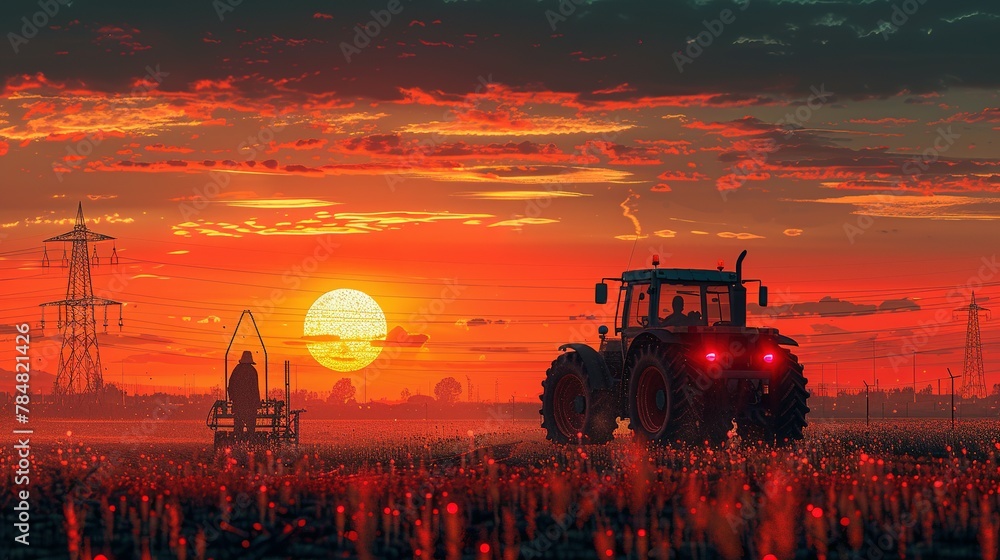 Fototapeta premium irrigation tractor driving spraying or harvesting an agricultural crop at sunset with information infographic data datum as banner design for agriculture industry and food supply production concepts