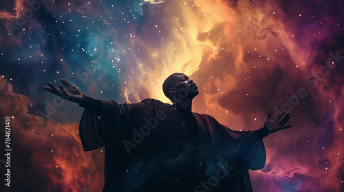 A black man stands with his arms outstretched as if embracing the vastness of the cosmos. Dd in a billowing ethereal cloak he exudes a sense of otherworldly wisdom and knowledge channeling . © Justlight