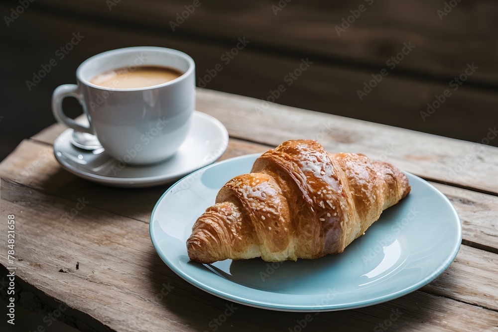 Morning indulgence croissant paired with a cup of coffee Morning indulgence croissant paired with a cup of coffee