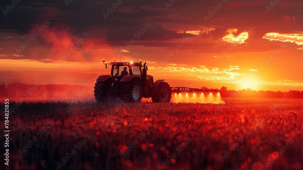 Fototapeta premium irrigation tractor driving spraying or harvesting an agricultural crop at sunset with information infographic data datum as banner design for agriculture industry and food supply production concepts