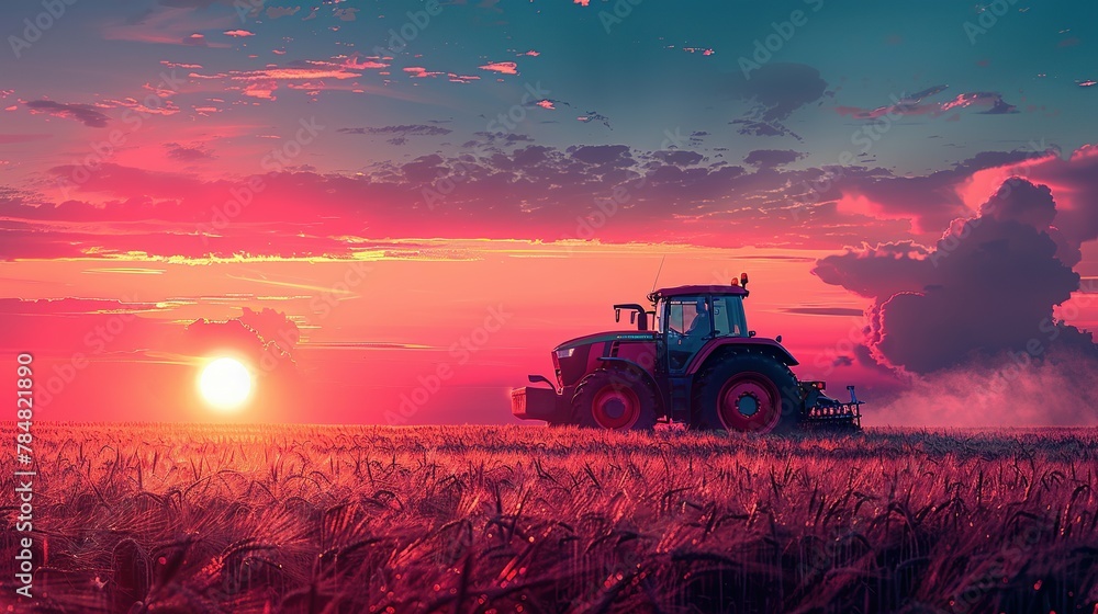 Fototapeta premium irrigation tractor driving spraying or harvesting an agricultural crop at sunset with information infographic data datum as banner design for agriculture industry and food supply production concepts