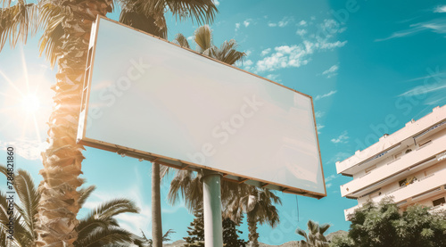 big horizontal blank billboard amidst tropical palm trees under a clear blue sky, for your mock-up photo