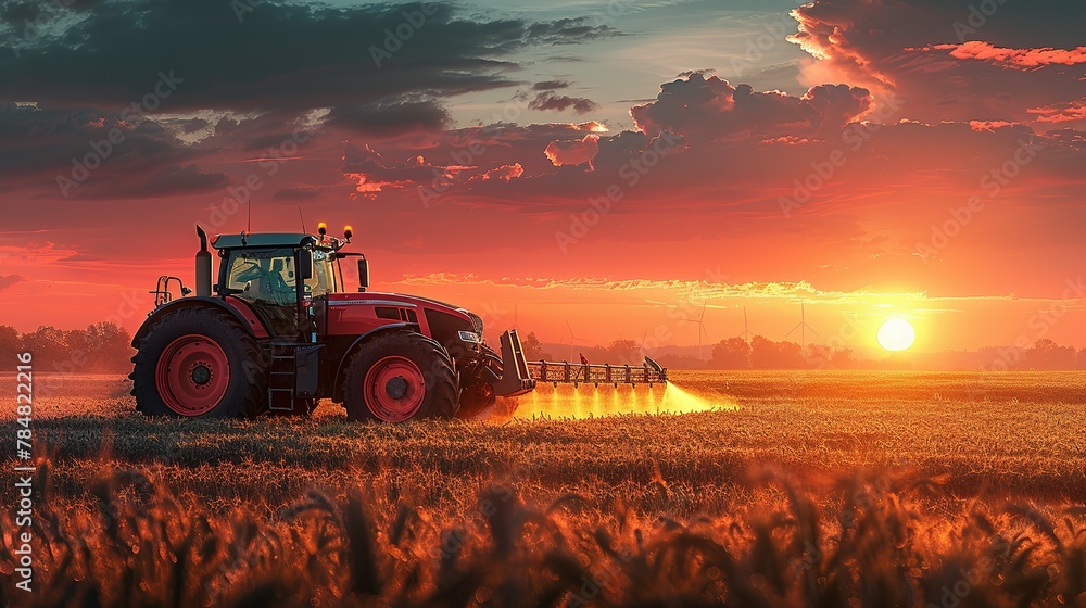 Fototapeta premium irrigation tractor driving spraying or harvesting an agricultural crop at sunset with information infographic data datum as banner design for agriculture industry and food supply production concepts