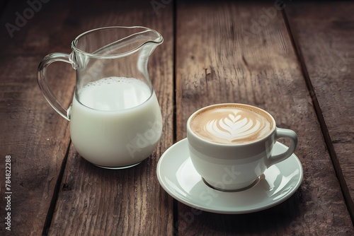 Milk pitcher and coffee cup arranged on a wooden table