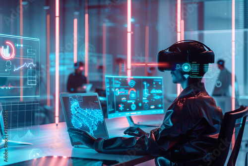 Futuristic virtual reality workspace with advanced data visualizations and immersive technology