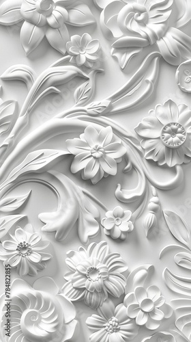 A white embossed background of flowers and leaves displays an intricate, tactile texture of depth and visual interest. Flowers and leaves carved in relief on the background.