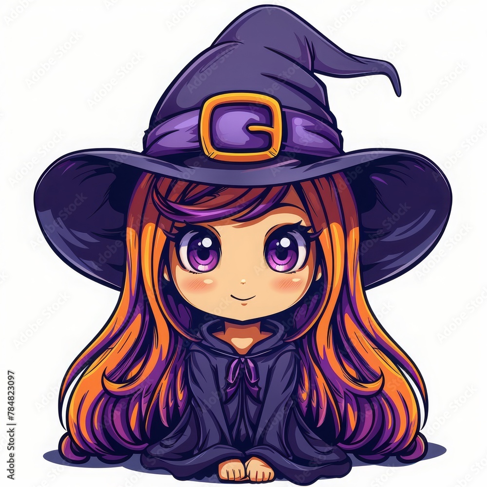This illustration presents a charming anime-style witch with captivating purple eyes, adorned in a classic witch's hat and cloak, exuding whimsy and enchantment.